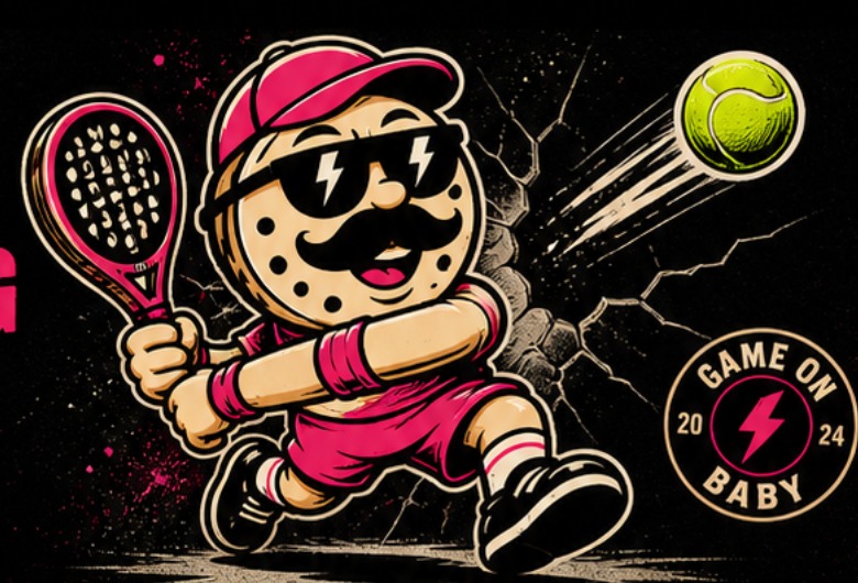 Padel Daddy mascot hitting a padel ball